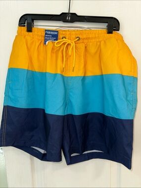 Club Room Men's Yellow Turquoise Navy Colorblock Swim Trunks